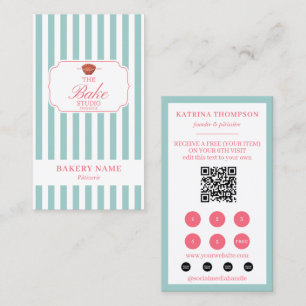 Mint Green Pink Stripes Bakery Logo Loyalty Punch Business Card