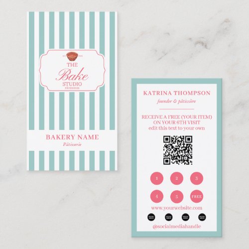 Mint Green Pink Stripes Bakery Logo Loyalty Punch Business Card