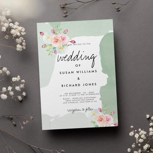 Mint green pink teal watercolor floral wedding invitation