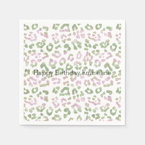 Mint Green Pink Watercolor Leopard Print Napkins