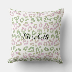 Mint Green Pink Watercolor Leopard Print Throw Pillow