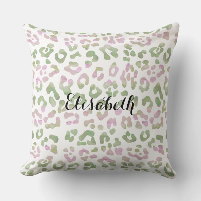 Mint Green Pink Watercolor Leopard Print Throw Pillow (Front)
