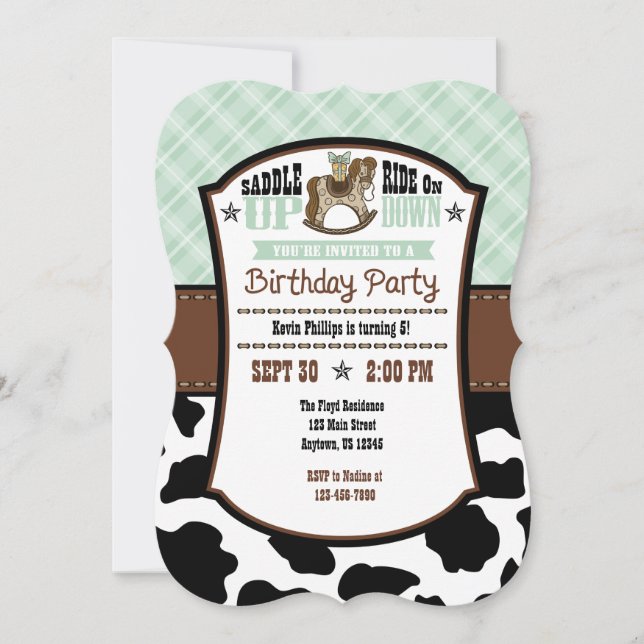 Mint Green Plaid Cowhide Cowboy Birthday Invite (Front)