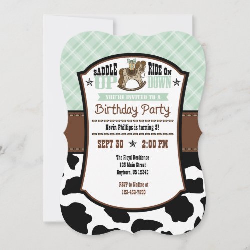 Mint Green Plaid Cowhide Cowboy Birthday Invite