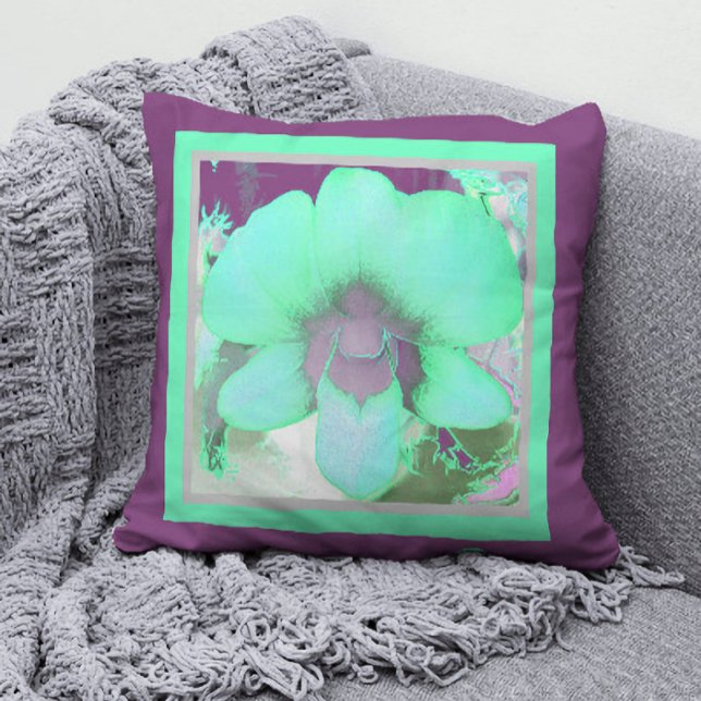 Mint Green & Plum Orchid Print Throw Pillow (Creator Uploaded)