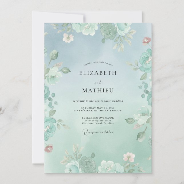 Mint Green Poetic Floral Wedding Invitation (Front)