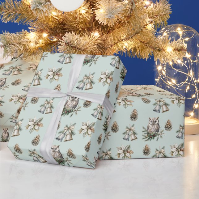 Mint Green Poinsettia Christmas Flowers Owls Bells Wrapping Paper (Holidays)