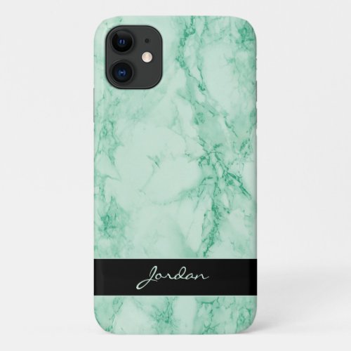 Mint Green Polished Marble Stone with Name iPhone 11 Case
