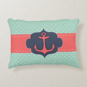 Mint Green Polka Dot Coral Pink Anchor Accent Pillow