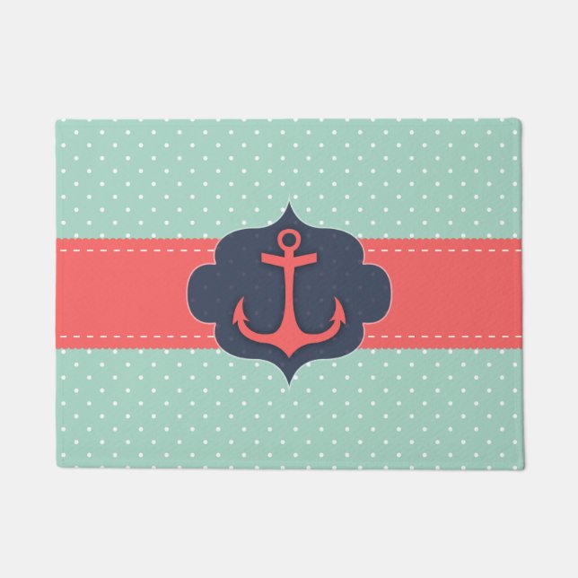 Mint Green Polka Dot Coral Pink Anchor Doormat (Front)
