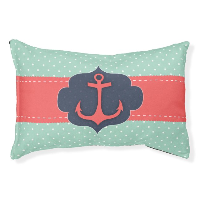Mint Green Polka Dot Coral Pink Anchor Pet Bed (Front)