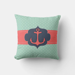 Mint Green Polka Dot Coral Pink Anchor Throw Pillow