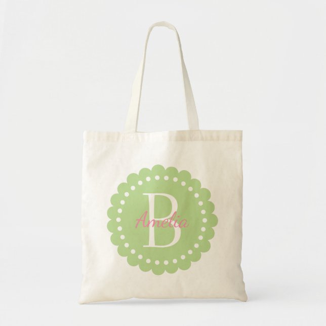 Mint Green Polka Dot Flower With Happy Pink Tote Bag (Front)