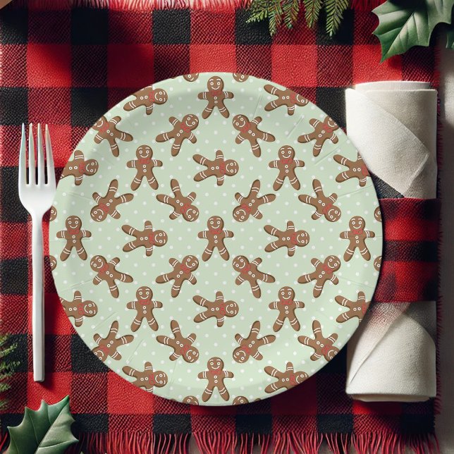 Mint Green Polka Dot Gingerbread Man Christmas Paper Plates (Creator Uploaded)