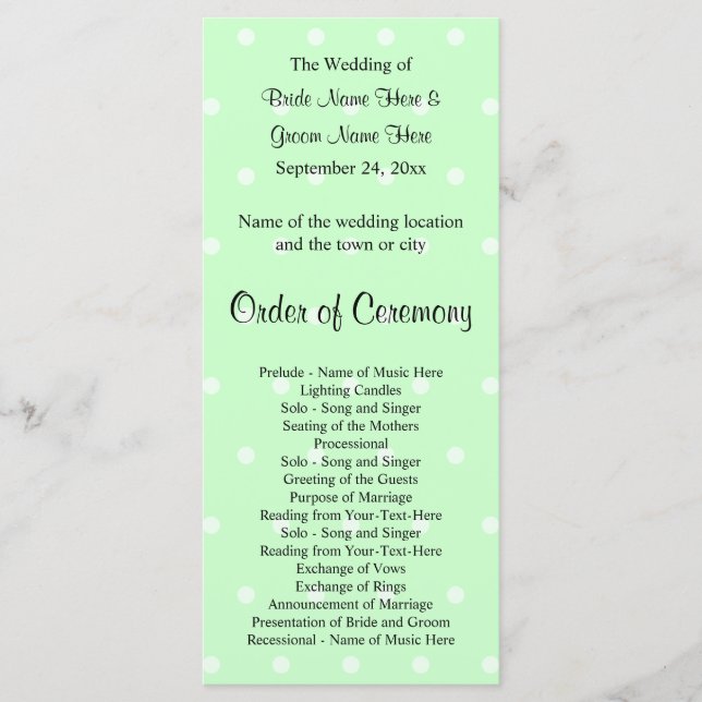 Mint Green Polka Dot Pattern. Wedding Program (Front)