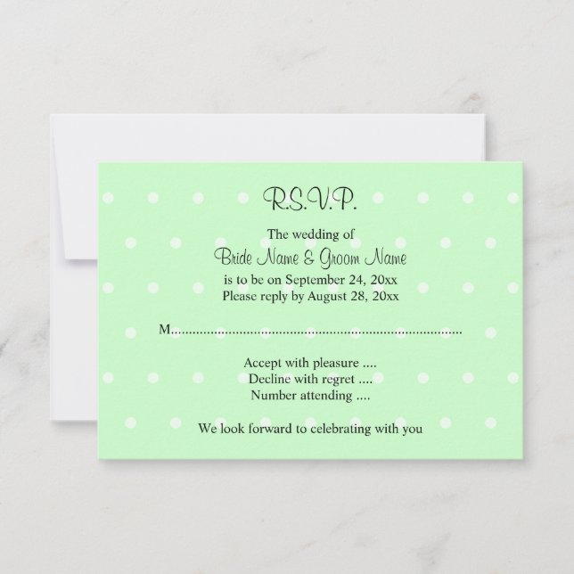 Mint Green Polka Dot Pattern. Wedding RSVP Card (Front)