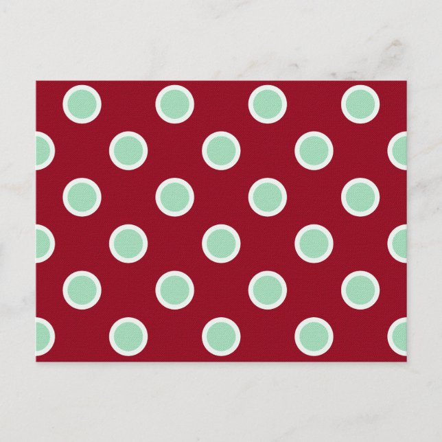 Mint Green Polka Dots on Maroon Christmas Postcard (Front)