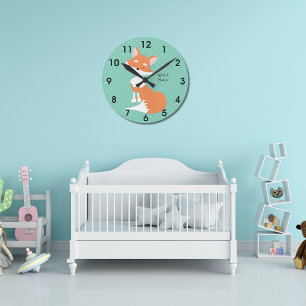 Mint Green Polka-Dots•Woodland Fox•Custom Round Clock