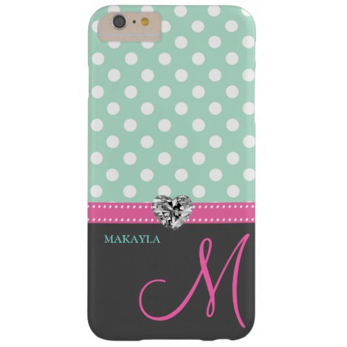 Mint Green Polkadots with Diamond Heart  Monogram Barely There iPhone 6 Plus Case
