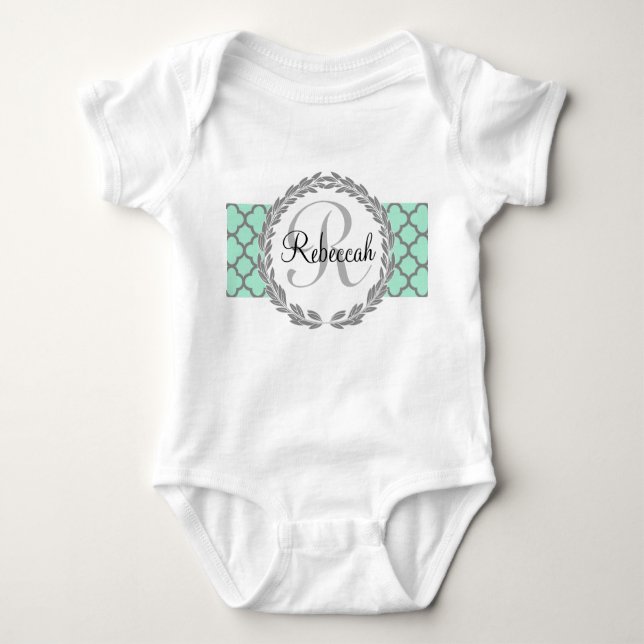 Mint Green Pretty Monogram Baby Bodysuit (Front)