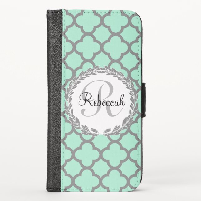 Mint Green Pretty Monogram iPhone Wallet Case (Front)