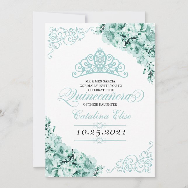 Mint Green Princess Crown Quinceanera Birthday Invitation (Front)