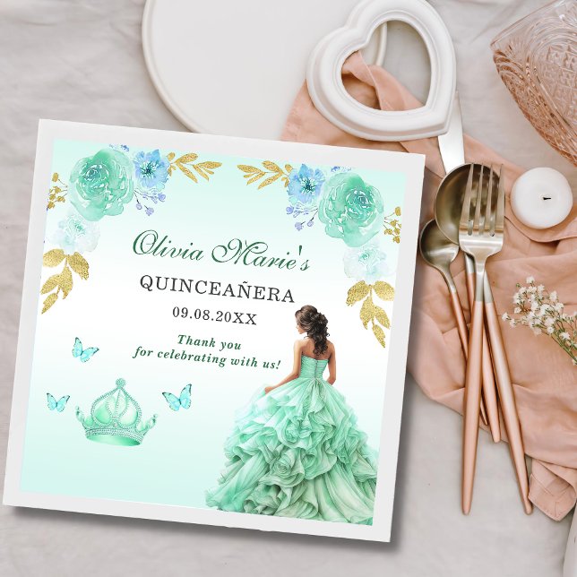 Mint Green Princess Dress Quinceañera Birthday Napkins (Creator Uploaded)