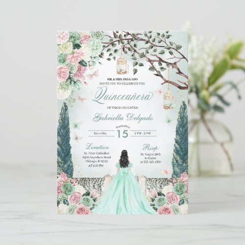 Mint Green Princess Enchanted Garden Quinceanera Invitation