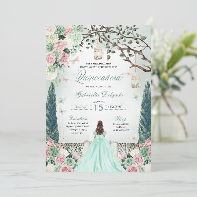 Mint Green Princess Enchanted Garden Quinceanera Invitation (Standing Front)