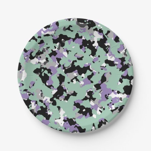 Mint Green  Purple Camouflage Camo Print Party Paper Plates