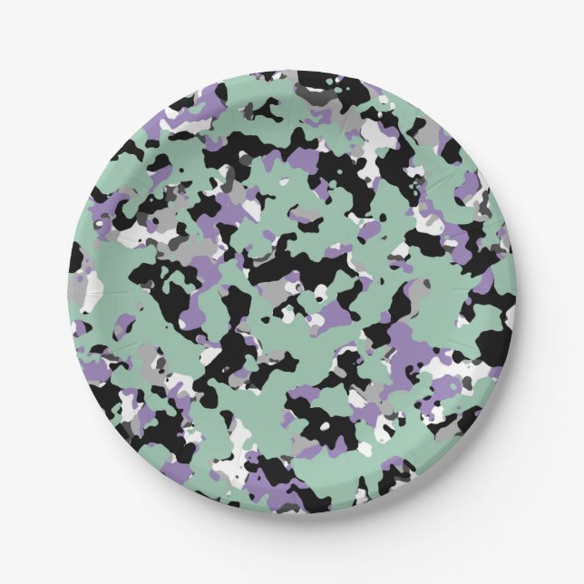 Mint Green & Purple Camouflage Camo Print Party Paper Plates (Front)