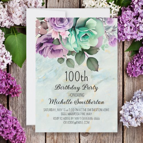 Mint Green Purple Floral Butterflies Birthday  Invitation