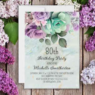 Mint Green Purple Floral Butterfly 80th Birthday Invitation
