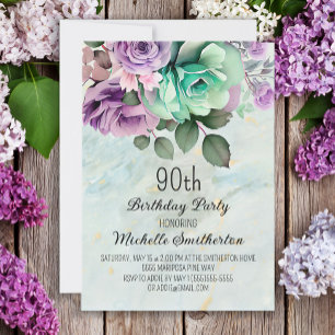 Mint Green Purple Floral Butterfly 90th Birthday Invitation