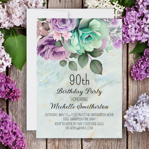 Mint Green Purple Floral Butterfly 90th Birthday  Invitation