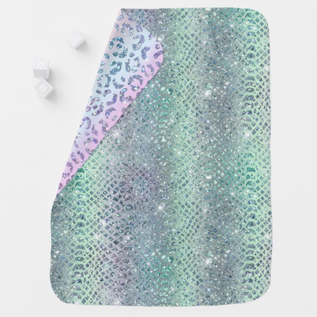 Mint Green Purple Glitter Snake Print Baby Blanket (In Situ)