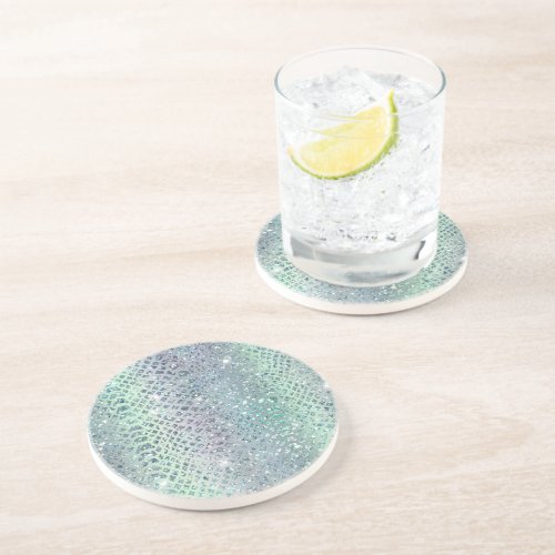 Mint Green Purple Glitter Snake Print Coaster