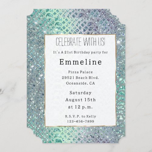 Mint Green Purple Glitter Snake Print Invitation