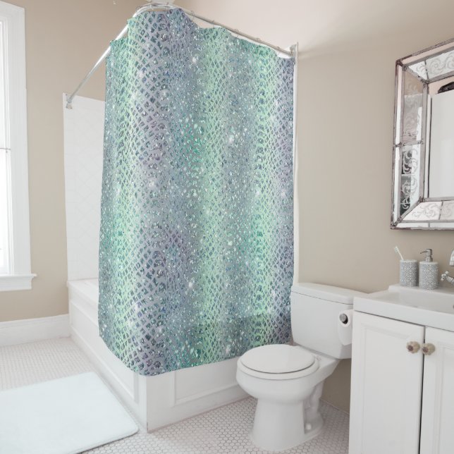 Mint Green Purple Glitter Snake Print Shower Curtain (In Situ)