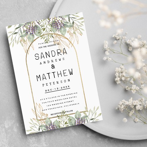 Mint green purple gold glitter floral Wedding Invitation