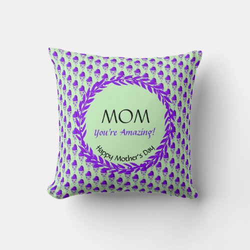 Mint Green Purple Heart Pattern AMAZING MOM Throw Pillow