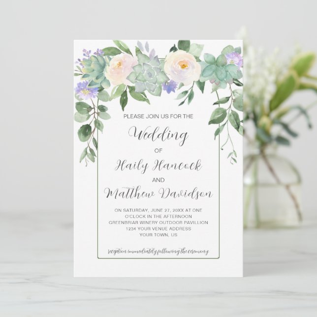 Mint Green, Purple, White Floral Wedding Invitation (Standing Front)