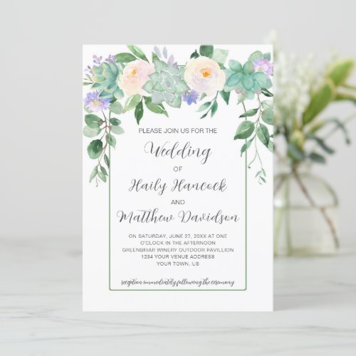 Mint Green Purple White Floral Wedding Invitation