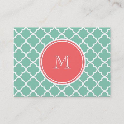 Mint Green Quatrefoil Pattern, Coral Monogram Business Card