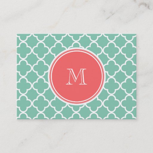 Customizable Mint Green Quatrefoil Pattern, Coral Monogram Business Card
