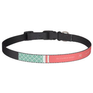 Mint Green Quatrefoil Pattern, Coral Monogram Pet Collar