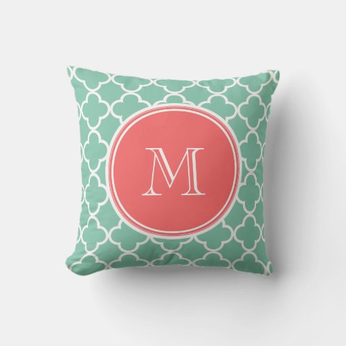 Mint Green Quatrefoil Pattern Coral Monogram Throw Pillow