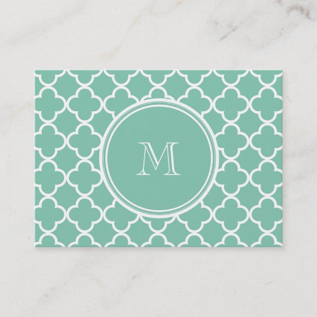 Mint Green Quatrefoil Pattern, Your Monogram Business Card (Front)