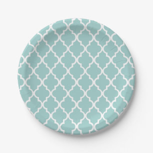 Mint Green Quatrefoil Tiles Pattern Paper Plates