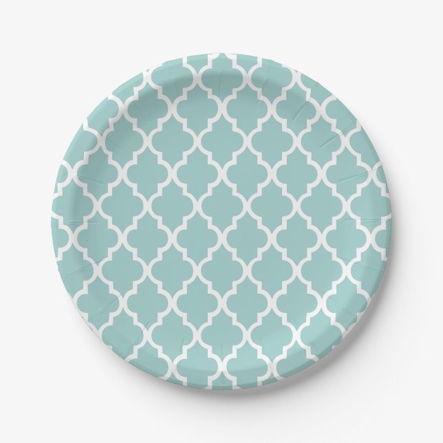Mint Green Quatrefoil Tiles Pattern Paper Plates (Front)
